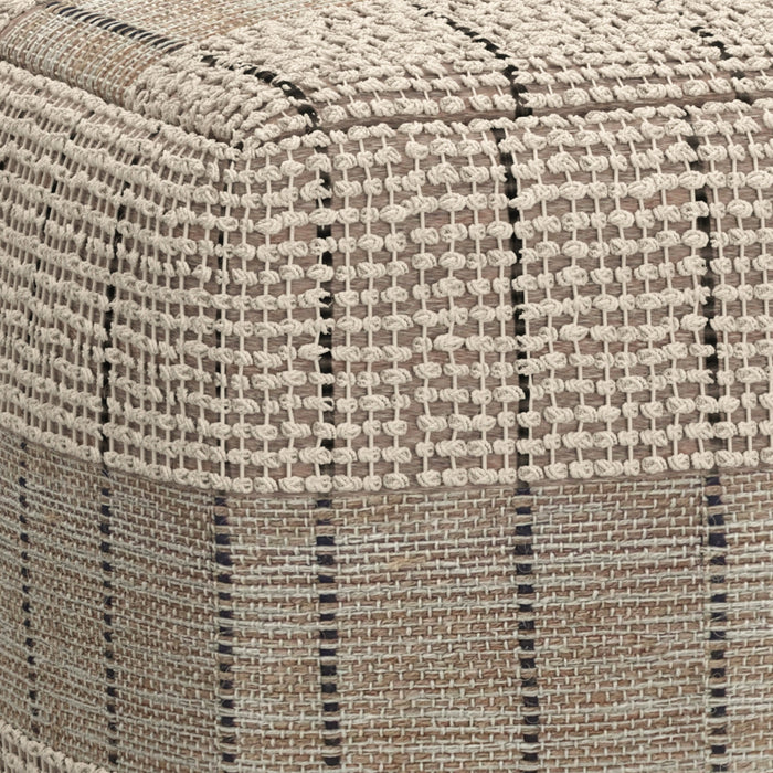 18" Gray and Tan Jute and Cotton Geometric Pouf Ottoman