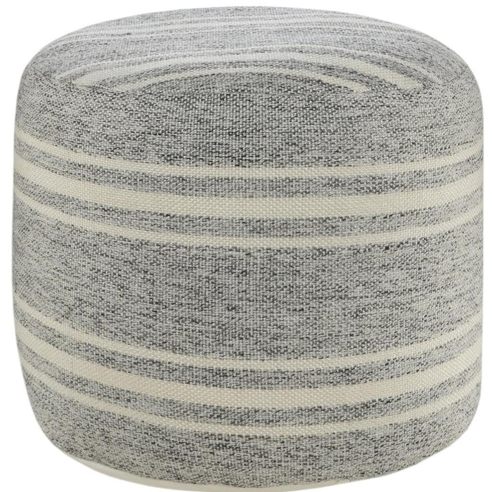18" Gray Polyester Round Striped Indoor Outdoor Pouf Ottoman
