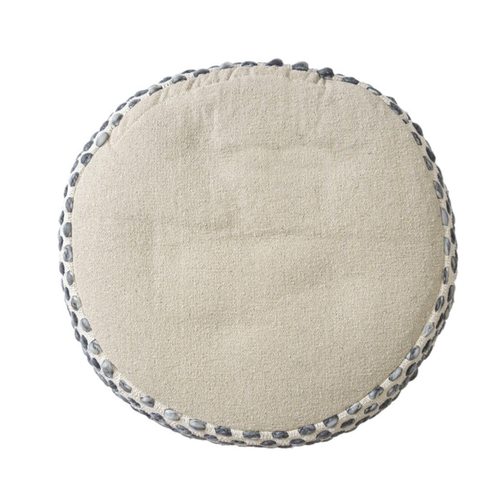18" Ivory And Blue Cotton Blend Round Striped Pouf Ottoman