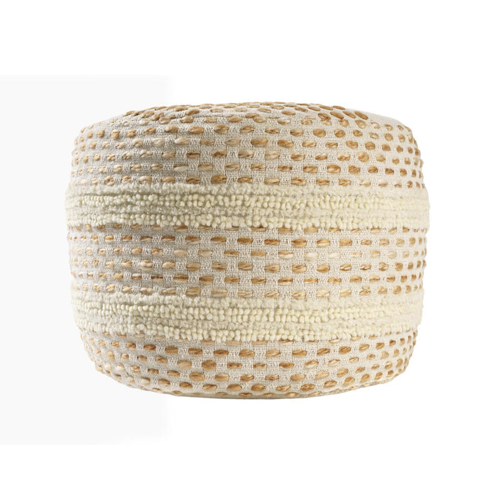 18" Ivory And Brown Cotton Blend Round Striped Pouf Ottoman