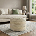 18" Ivory And Green Cotton Blend Round Striped Pouf Ottoman