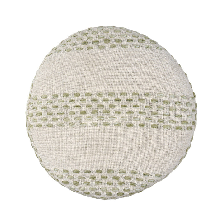 18" Ivory And Green Cotton Blend Round Striped Pouf Ottoman