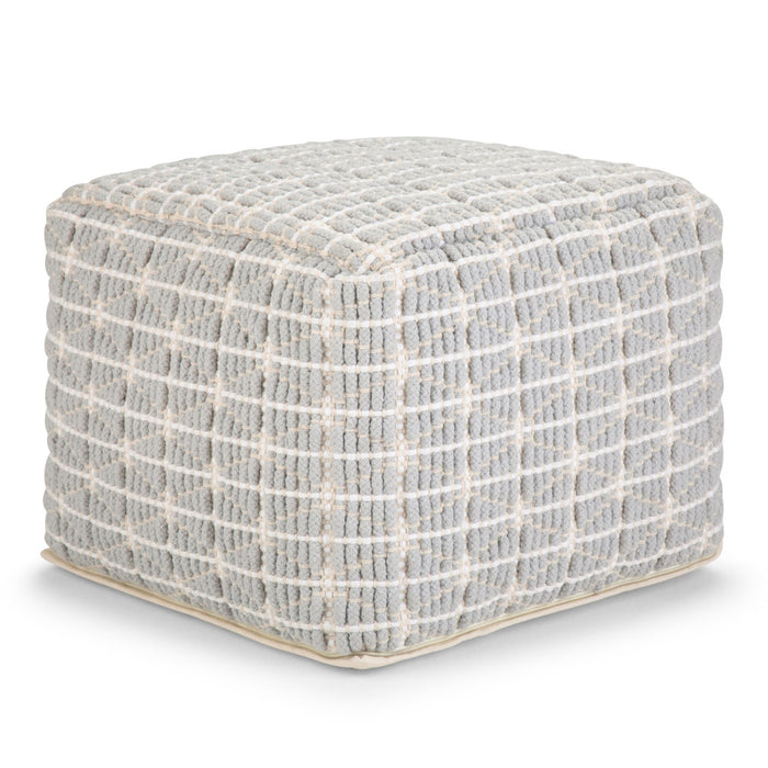 18" Light Blue and White Cotton Geometric Pouf Ottoman