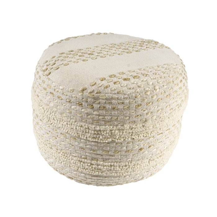 18" Natural And Ivory Cotton Blend Round Striped Pouf Ottoman