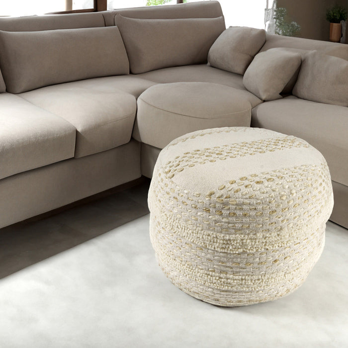 18" Natural And Ivory Cotton Blend Round Striped Pouf Ottoman