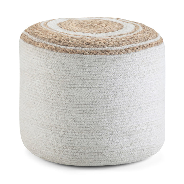 18" Natural and Off White Jute and Cotton Color Block Round Pouf Ottoman