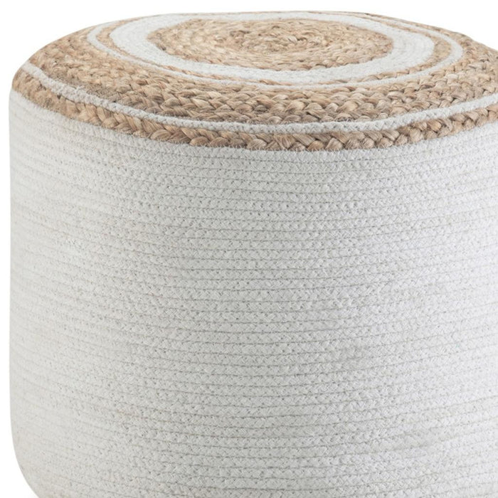 18" Natural and Off White Jute and Cotton Color Block Round Pouf Ottoman