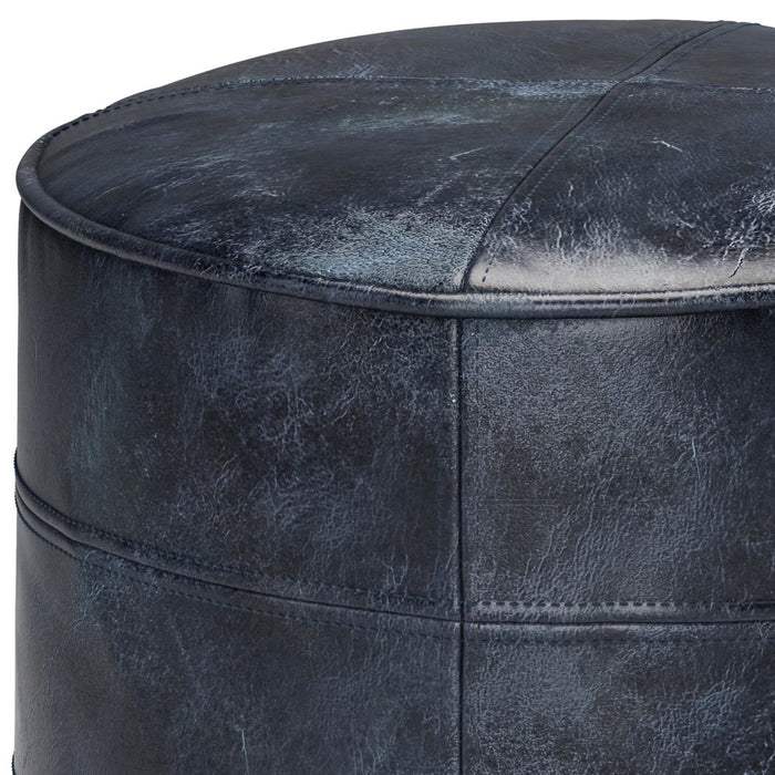 18" Navy Blue and Blue Genuine Leather Round Pouf Ottoman