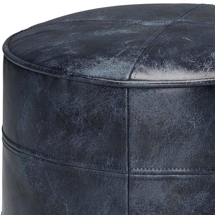 18" Navy Blue and Blue Genuine Leather Round Pouf Ottoman