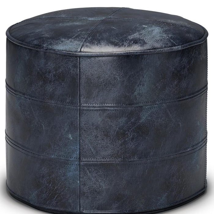 18" Navy Blue and Blue Genuine Leather Round Pouf Ottoman