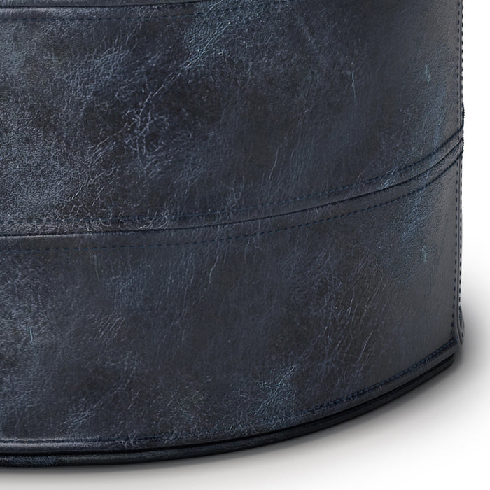 18" Navy Blue and Blue Genuine Leather Round Pouf Ottoman