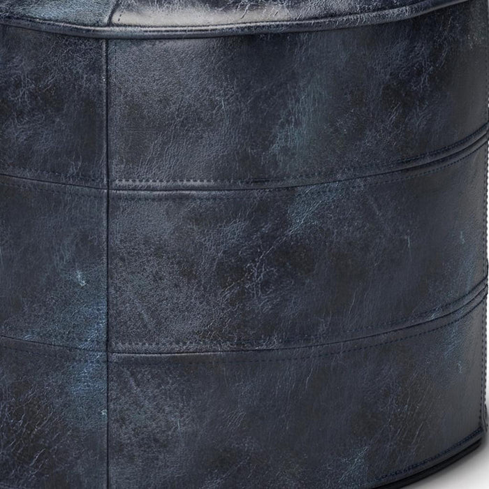 18" Navy Blue and Blue Genuine Leather Round Pouf Ottoman