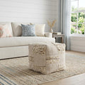 18" Off White And Natural Cotton Jute And Wool Checkered Cube Pouf Ottoman