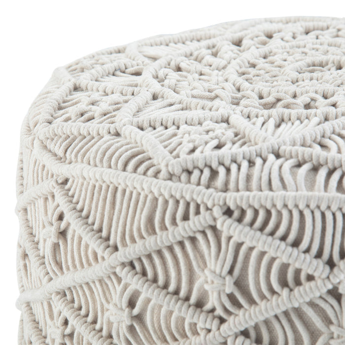 18" Off White Cotton Geometric Round Pouf Ottoman