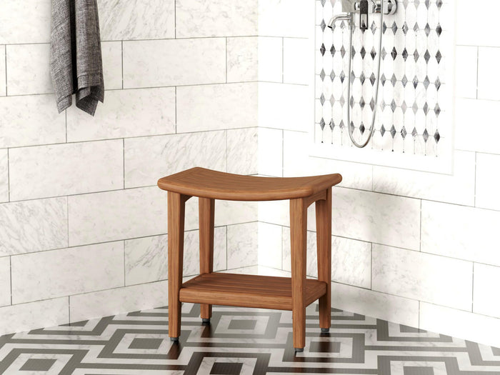18" X 18" Brown Teak Rectangular Shower Bench With Shelf