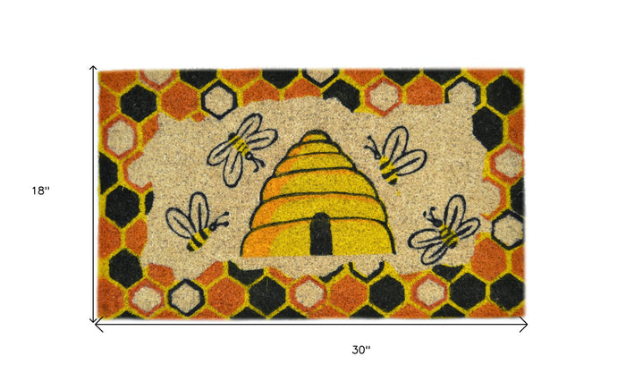 18" X 30" Beige and Orange Coir Bees Outdoor Spring Door Mat