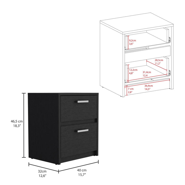 19" Black Wood Two Drawer Nightstand