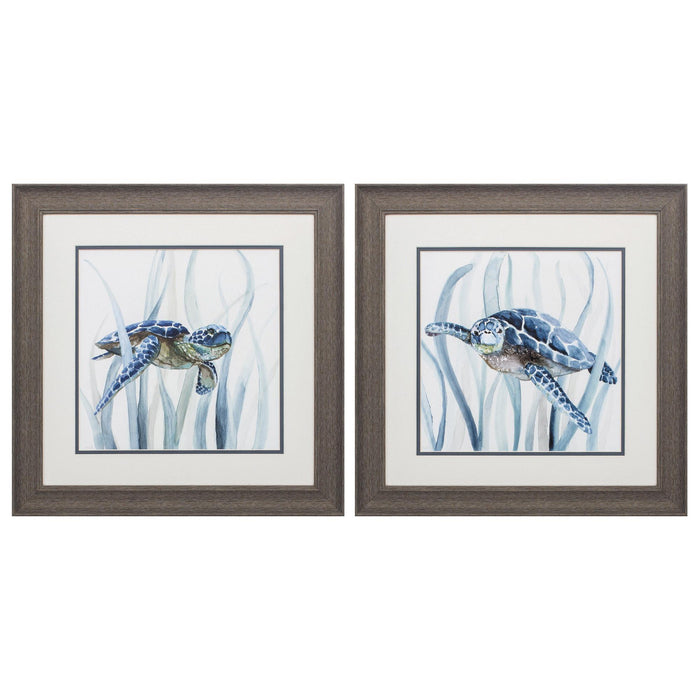19" X 19" Distressed Wood Toned Frame Turtle In Grass (Set Of 2)
