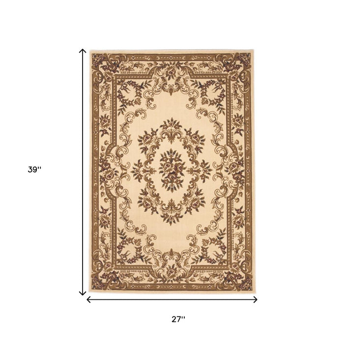 2' X 3' Beige And Brown Floral Medallion Area Rug