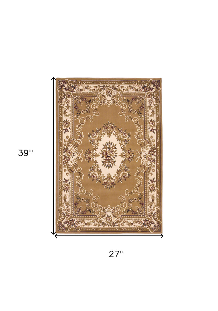 2' X 3' Beige Ivory And Brown Floral Medallion Area Rug