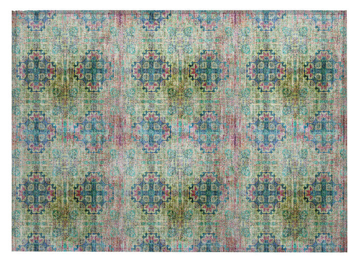 2' X 3' Blue and Green Floral Medallion Washable Non Skid Indoor Outdoor Area Rug