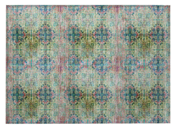 2' X 3' Blue and Green Floral Medallion Washable Non Skid Indoor Outdoor Area Rug
