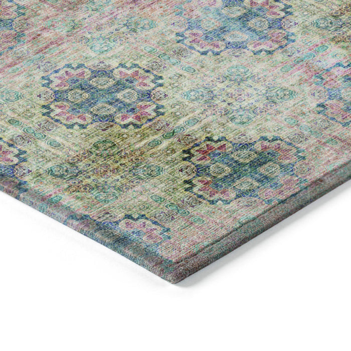 2' X 3' Blue and Green Floral Medallion Washable Non Skid Indoor Outdoor Area Rug