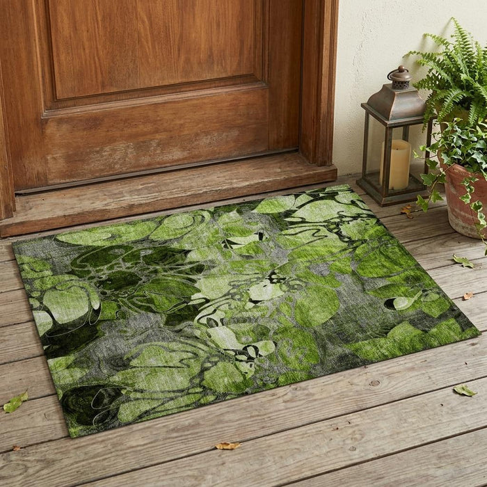 2' X 3' Fern Green and Gray Floral Washable Non Skid Indoor Outdoor Area Rug