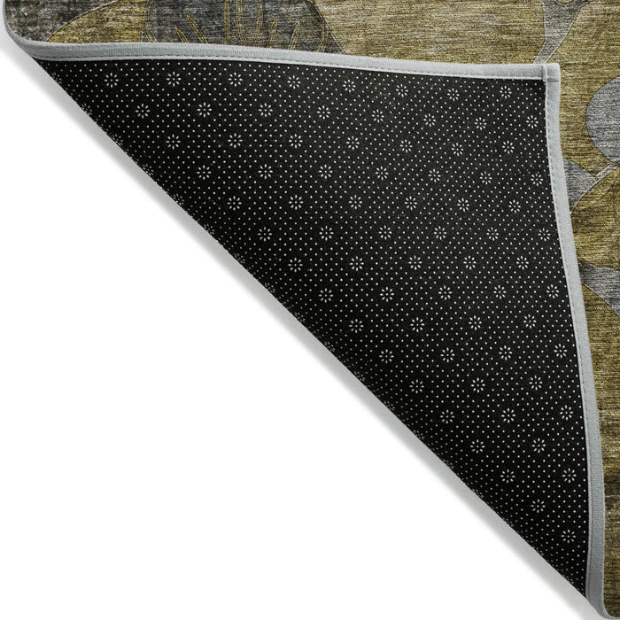 2' X 3' Green and Brown Abstract Washable Indoor Outdoor Area Rug