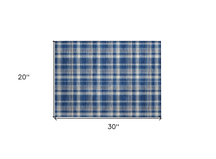 2' X 3' Navy and Ivory Plaid Washable Non Skid Indoor Outdoor Area Rug