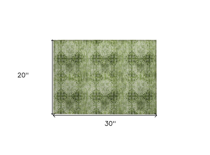 2' X 3' Olive Green Floral Medallion Washable Non Skid Indoor Outdoor Area Rug