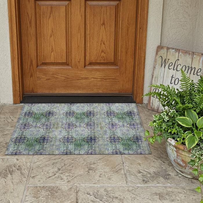2' X 3' Purple and Green Floral Medallion Washable Non Skid Indoor Outdoor Area Rug