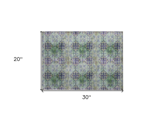 2' X 3' Purple and Green Floral Medallion Washable Non Skid Indoor Outdoor Area Rug