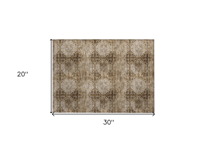 2' X 3' Taupe Floral Medallion Washable Non Skid Indoor Outdoor Area Rug