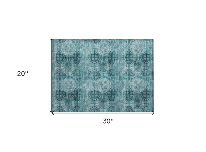 2' X 3' Teal Floral Medallion Washable Non Skid Indoor Outdoor Area Rug