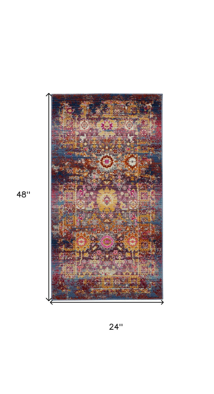 2' X 4' Blue Yellow And Red Floral Distressed Area Rug