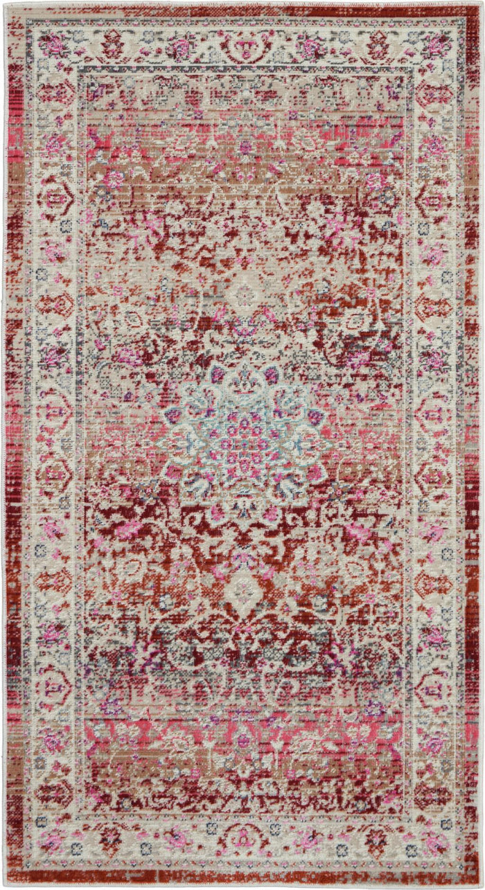 2' X 4' Ivory And Red Floral Distressed Area Rug