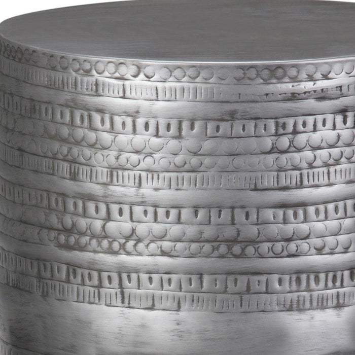 20" Antique Silver Distressed Iron Round Drum End Table