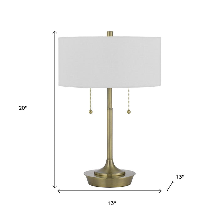 20" Antiqued Brass Metal Two Light Table Lamp With White Drum Shade