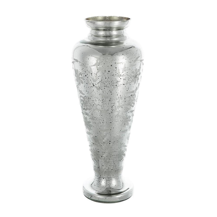 20" Antiqued Silver Etched Floral Glass Round Table Vase
