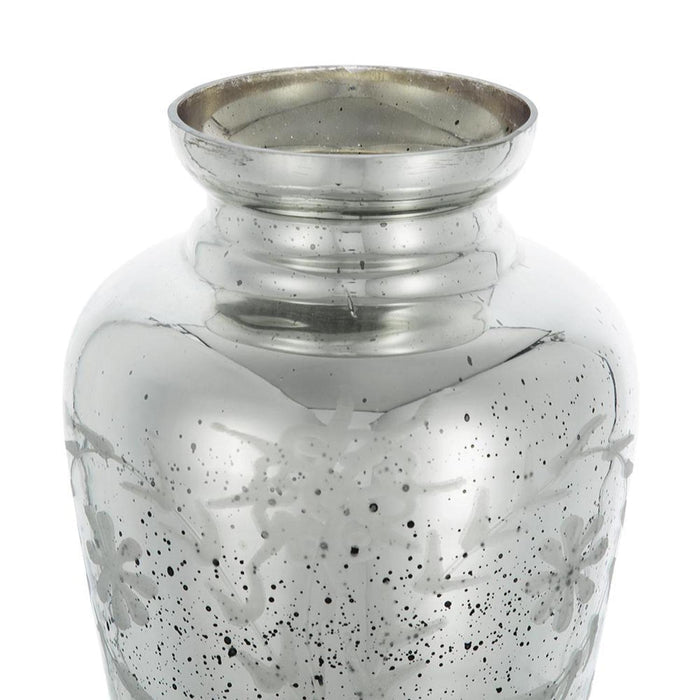 20" Antiqued Silver Etched Floral Glass Round Table Vase