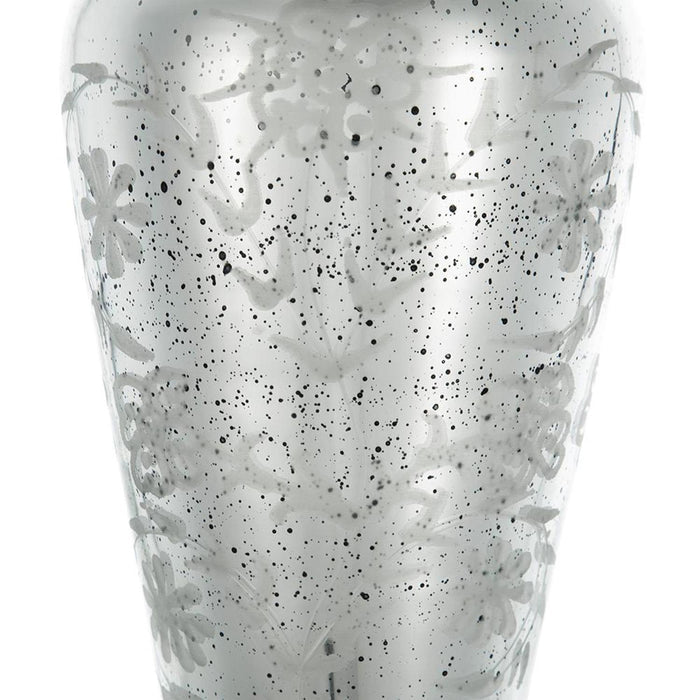 20" Antiqued Silver Etched Floral Glass Round Table Vase