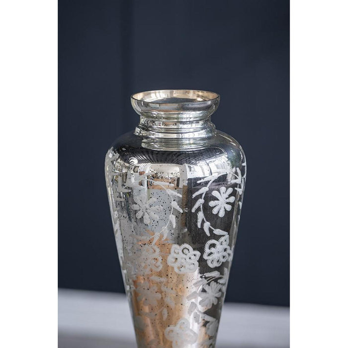 20" Antiqued Silver Etched Floral Glass Round Table Vase