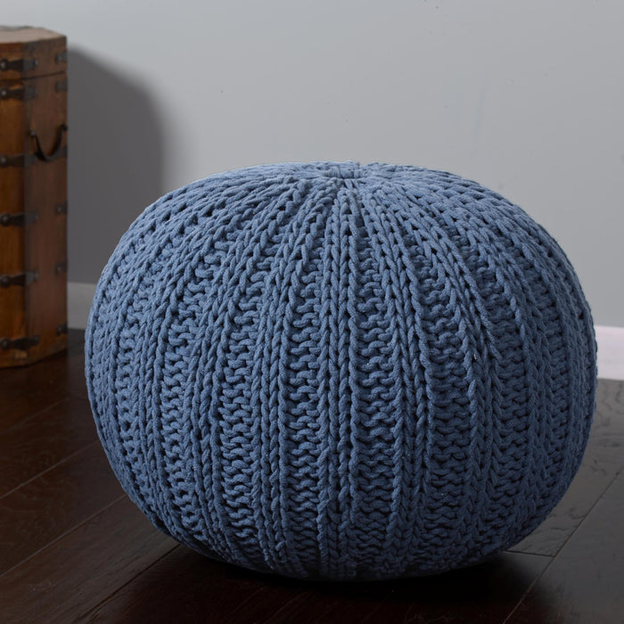 20" Blue Cotton Round Pouf Ottoman