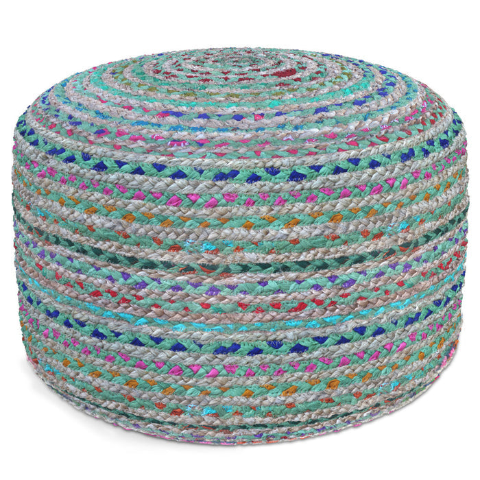 20" Blue Gray and Green Jute and Cotton Striped Round Pouf Ottoman
