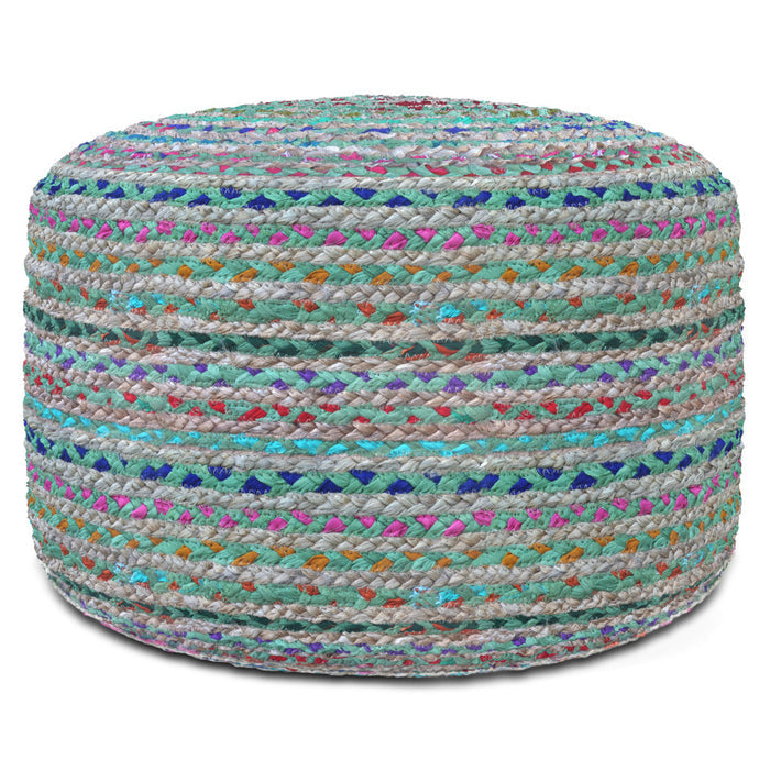 20" Blue Gray and Green Jute and Cotton Striped Round Pouf Ottoman