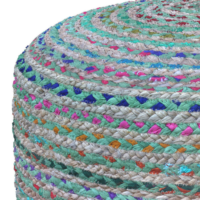 20" Blue Gray and Green Jute and Cotton Striped Round Pouf Ottoman
