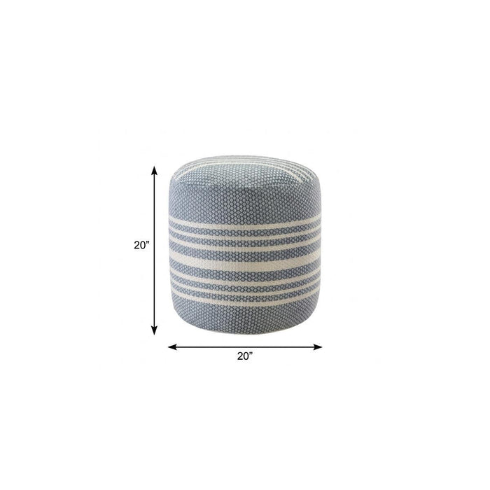 20" Blue Polyester Round Striped Indoor Outdoor Pouf Ottoman