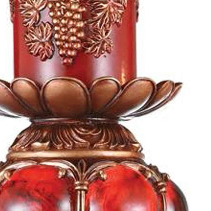 20" Bronze Brown And Red Floral Polyresin Tabletop Pillar Candle Holder With Candle