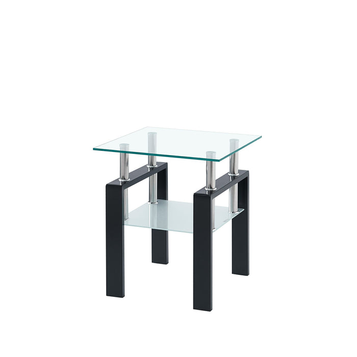 20" Clear and Black Glass and Steel Square End Tables With Shelf